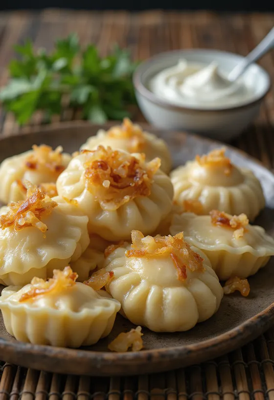 Kartoffelpierogi serveret med creme fraiche og ristede løg