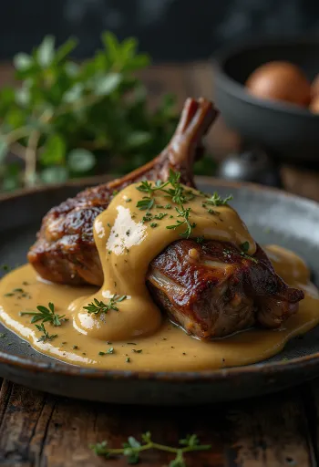 Roast hare with mustard sauce served elegantly.