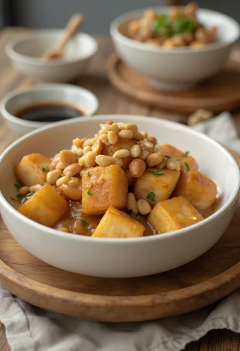 Stegt tofu i peanutmarinade serveret