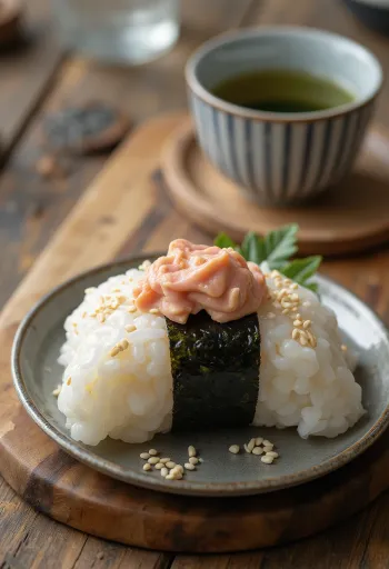 Tun-mayonnaise onigiri, trekantet form, drysset med sesamfrø, med nori tang