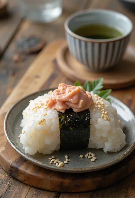 Tun-mayonnaise onigiri, trekantet form, drysset med sesamfrø, med nori tang