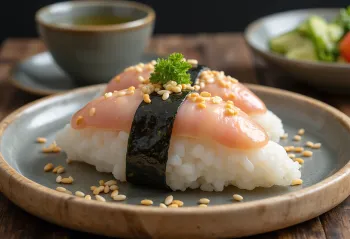 Tun-mayonnaise onigiri, trekantet form, drysset med sesamfrø, med nori tang