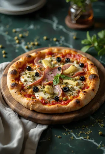 Pizza Capricciosa med oliven og kapers serveret
