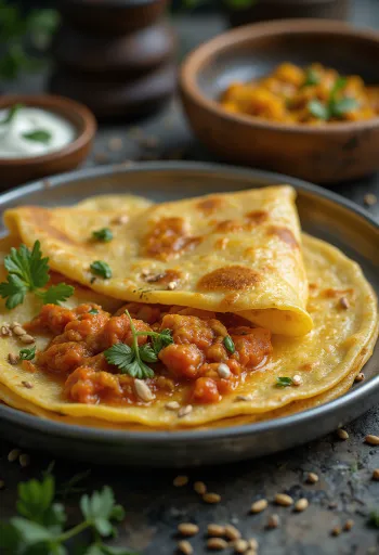 Chili dosa frisk, stegt sprød, serveret med chilifyld