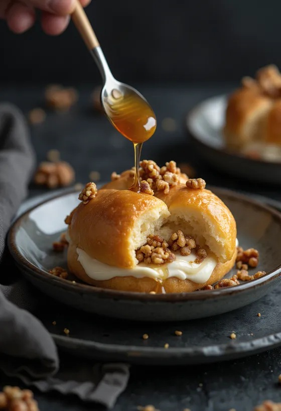 Bao bun med krokant og honning serveret