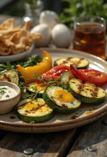 Farverigt udvalg af grillede grøntsager drysset med friske krydderurter.