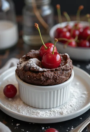 Chokoladesoufflé med kandiserede kirsebær serveret