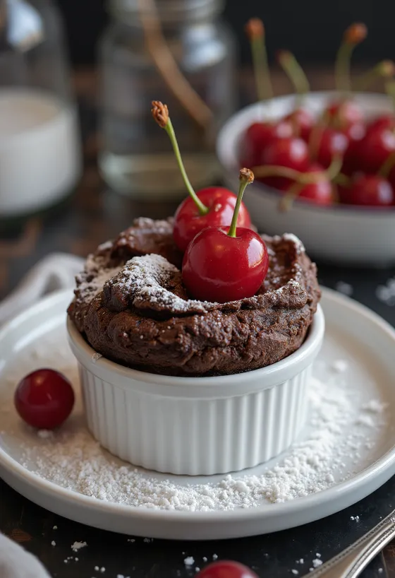Chokoladesoufflé med kandiserede kirsebær serveret