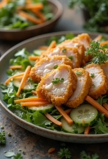 Katsu med salat, sprød paneret svinekotelet med frisk salat og tonkatsu-sauce