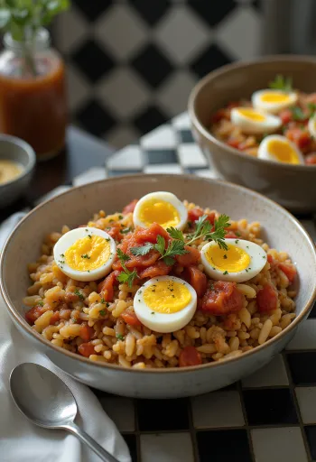 Koshari med æg, egyptisk ret af ris, linser og makaroni i rig tomatsauce