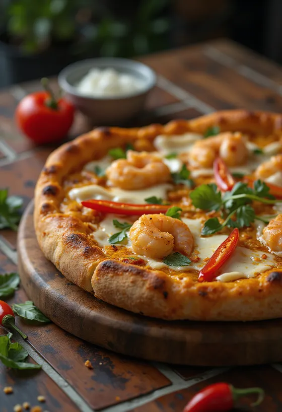 Laksa pizza med malaysiske krydderier og rejer