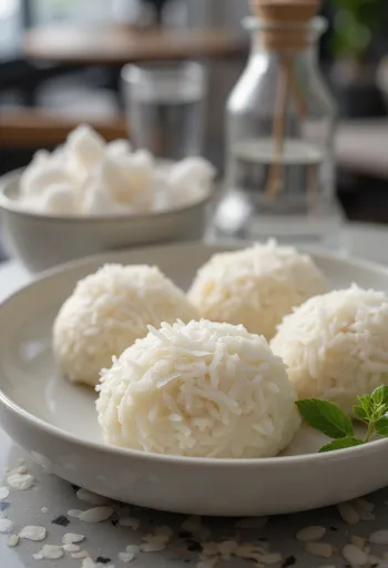Mochi kugler fyldt med kokoscreme, dækket med kokosmel