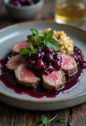 Roast ostrich with berry sauce served on a plate with garnish.