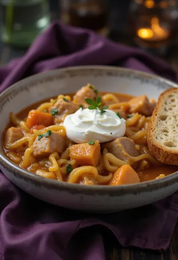 Székely gullasch serveret rigeligt med creme fraiche, frisk brød og stærk paprika.