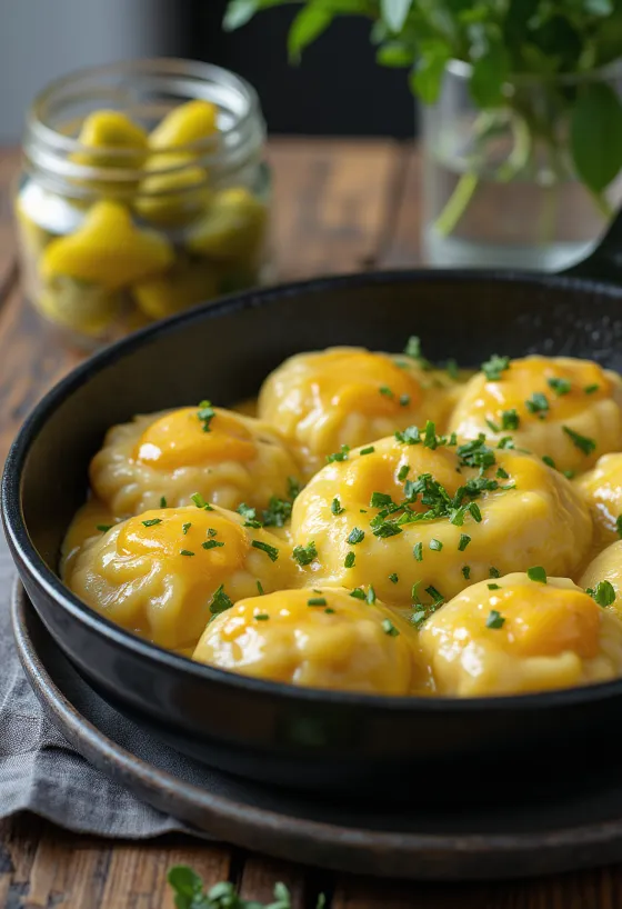 Nokedli med æg drysset med frisk persille, serveret med hjemmelavet sylt.