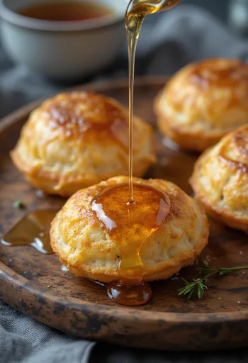 Æbleskiver sødet med honning, friske og bløde boller serveret