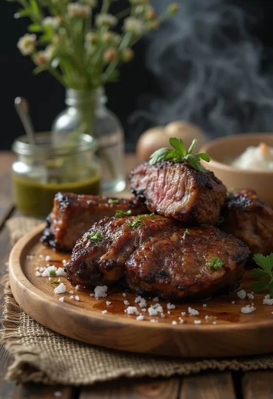 Asado serveret med grillede grøntsager og chimichurri sauce