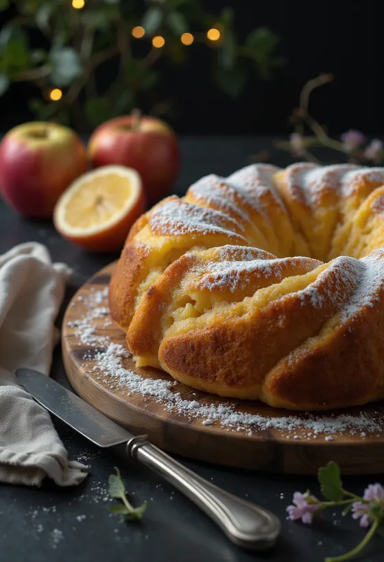 Citron-æble bundtkage serveret