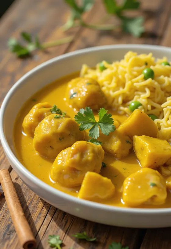 Kyllingecurry med krydrede ris serveret
