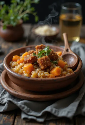 Cuchuco con chicharrón med sprødt svinekød og krydrede grøntsager