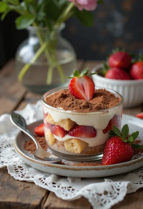 Jordbærtiramisu med lagdelt kage og mascarponecreme, pyntet med friske jordbær