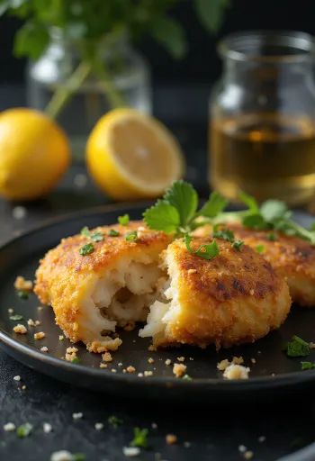 Fiskefrikadeller med røget fisk, serveret med porre og frisk persille