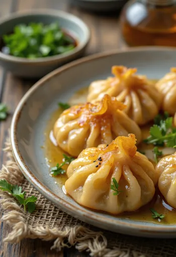 Gyoza med kikærter, pyntet med frisk koriander