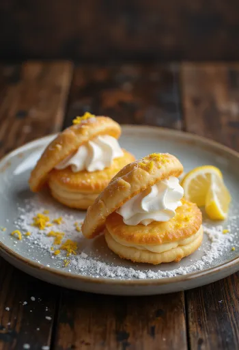 Krumkake med citroncreme serveret, sprød dej med frisk citroncreme