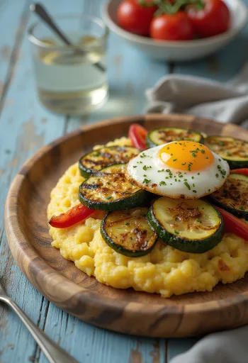 Polenta med grillede grøntsager, serveret på tallerken med farverige grøntsagsskiver på toppen