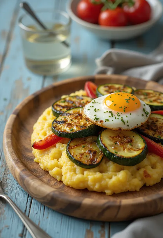 Polenta med grillede grøntsager, serveret på tallerken med farverige grøntsagsskiver på toppen