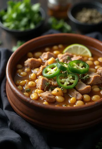Pozole de Cerdo, mexicansk svinekødssuppe med hominy majs, lime og jalapeño