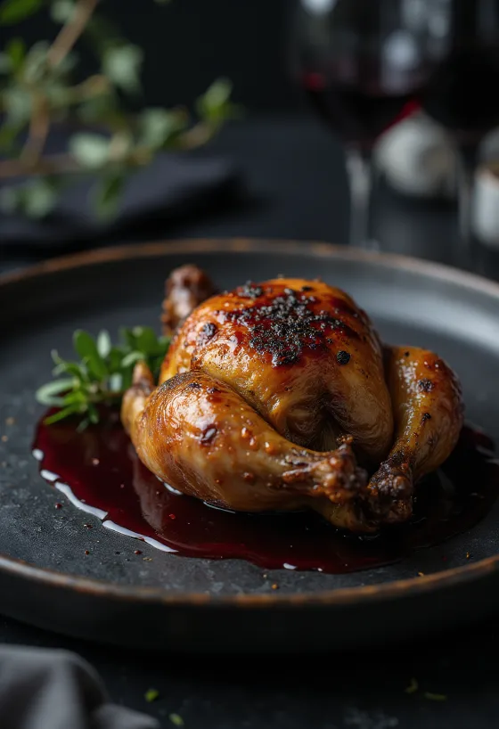 Roast partridge with red wine jus served elegantly.