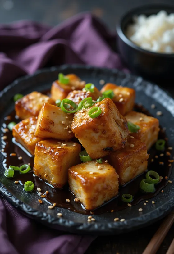 Stegt tofu i sojamarinade serveret