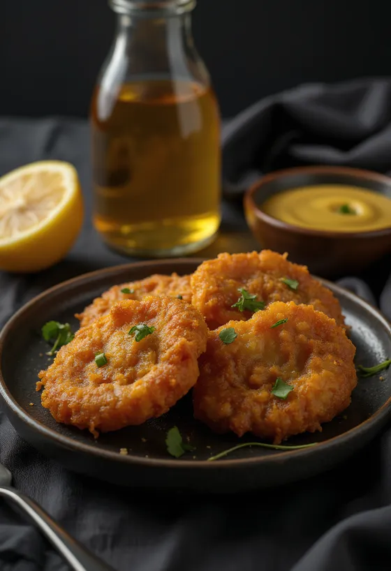 Acarajé med honning-sennepsauce, pyntet med frisk koriander