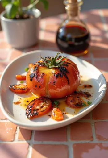 BBQ grillede basilikumtomater serveret