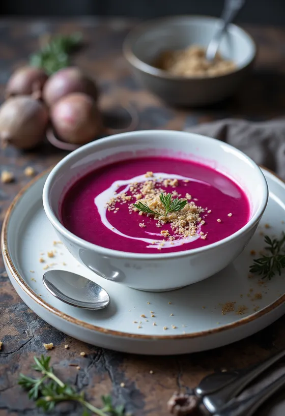Rødbedesuppe med silkeagtig tekstur, pyntet med creme fraiche og ristede kerner