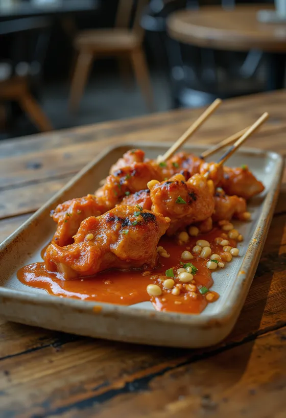 Chilis satay, grillede kyllingespyd i chilisauce marinade