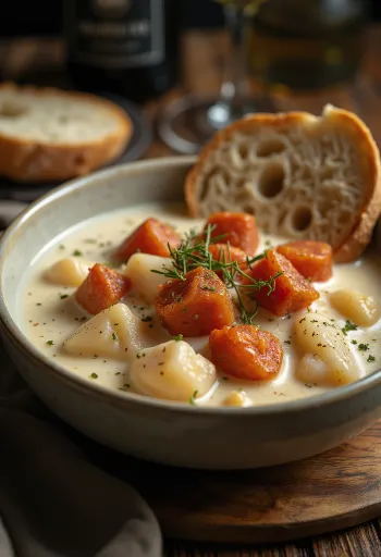 Cullen Skink med chorizo, rig og cremet skotsk fiskesuppe.