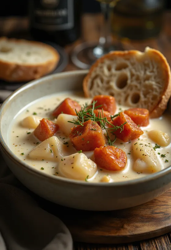 Cullen Skink med chorizo, rig og cremet skotsk fiskesuppe.