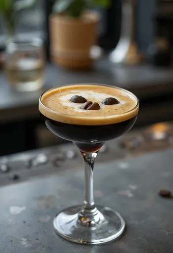 Espresso Martini cocktail pyntet med tre kaffebønner
