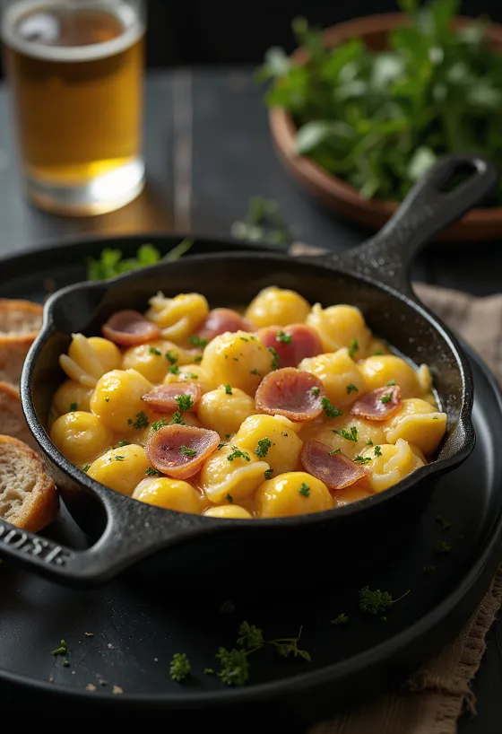 Røget skinke med æggenudler serveret