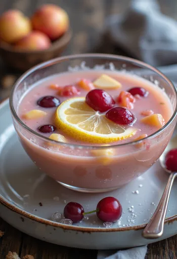 Frugtsuppe med kølende og cremet konsistens, serveret med friske frugtstykker