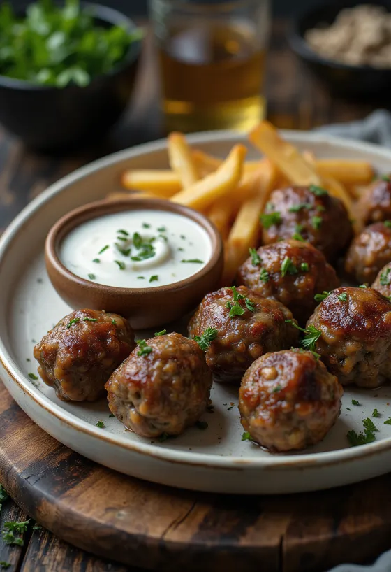 Lammekødboller serveret med myntesauce