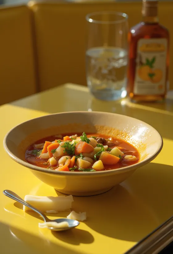 Frisk italiensk grøntsagssuppe serveret, pyntet med grøntsager og krydderier.