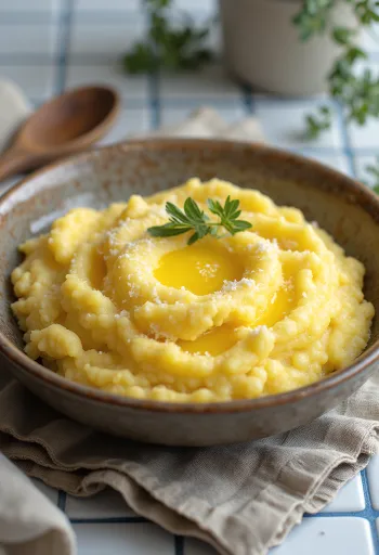 Cremet polenta med blød konsistens, pyntet med smør og parmesan