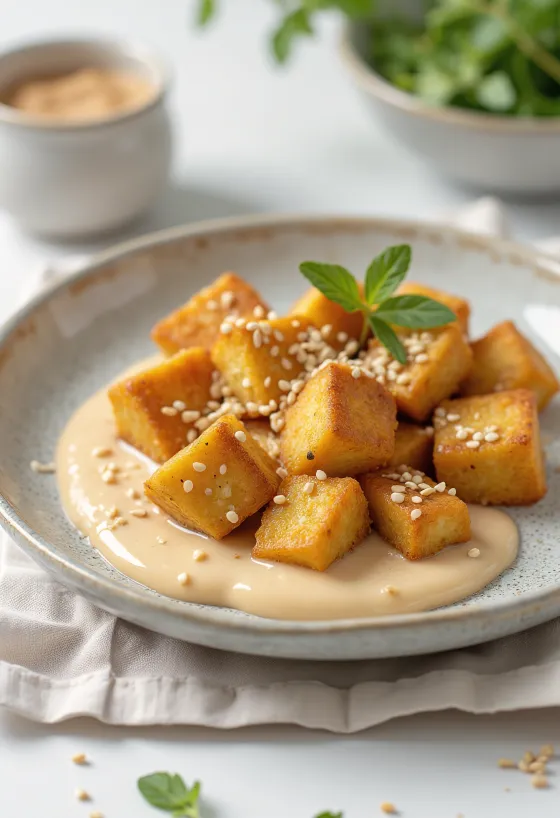 Stegt tofu med tahinisauce serveret