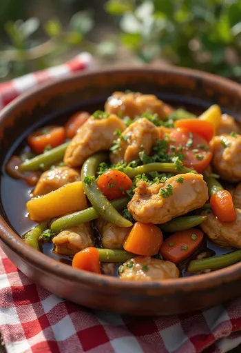 Adobo med grøntsagsragout, pyntet med frisk koriander