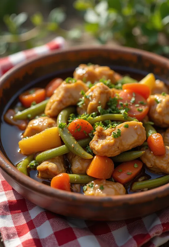 Adobo med grøntsagsragout, pyntet med frisk koriander