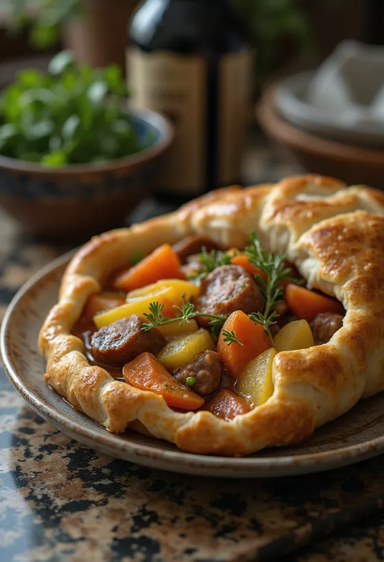 Baeckeoffe serveret med frisk brød