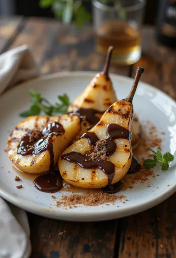 BBQ grillede pærer med chokolade serveret